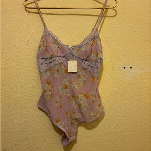 Free People’s Intimately Lilac Floral Lace Detail Thin Strap Bodysuit size S NWT